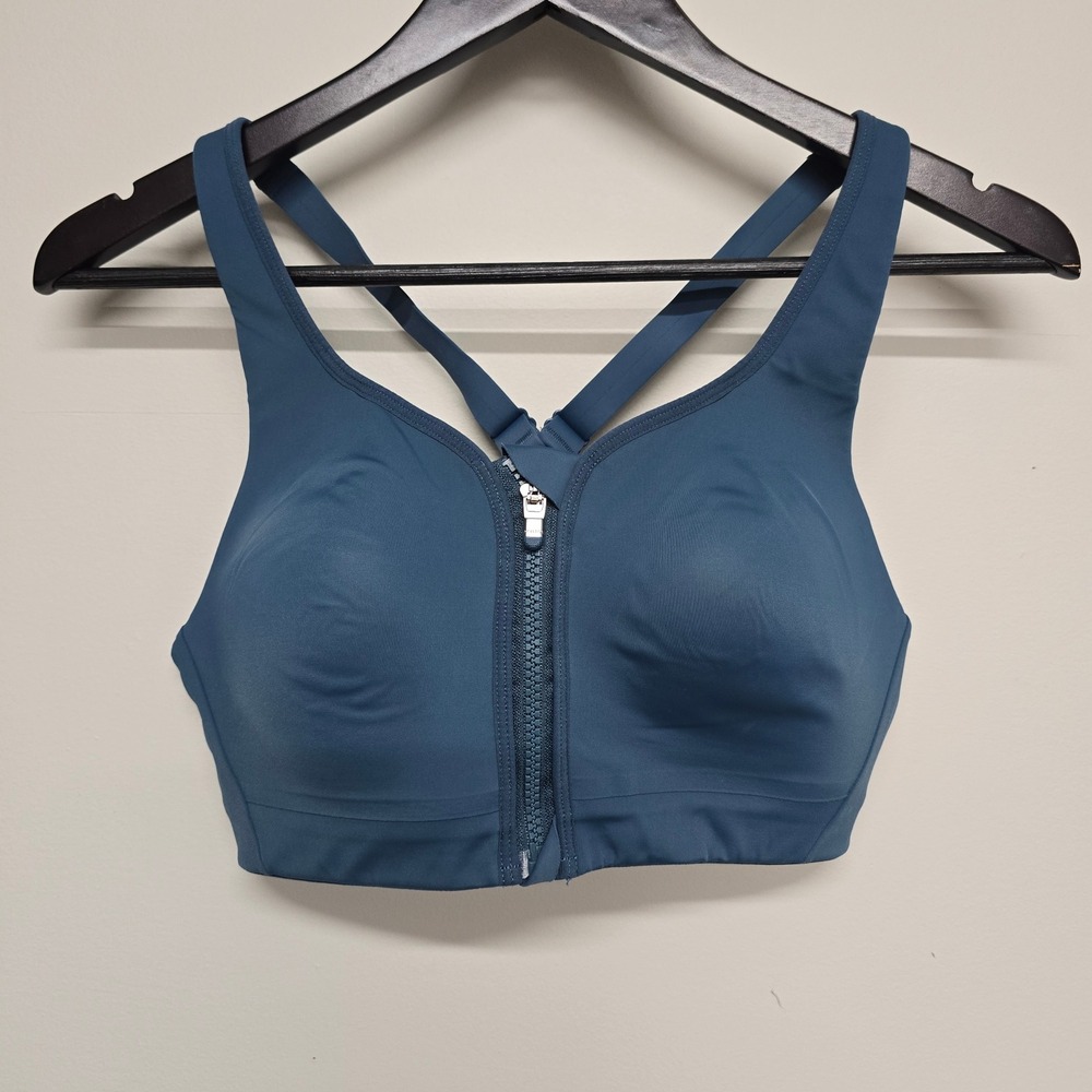 Athleta Empower Bra Women 36B Blue Nylon Spandex Front Zip High Impact Athletic